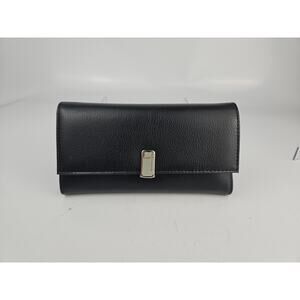 NWT Vtg Liz Claiborne Black Leather Tri- Fold Check Book Style Wallet w/Orig Box